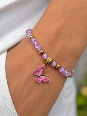 Colorful Butterfly Charm Bracelet Lavender Purple Crystal Beaded Fashion Jewelry